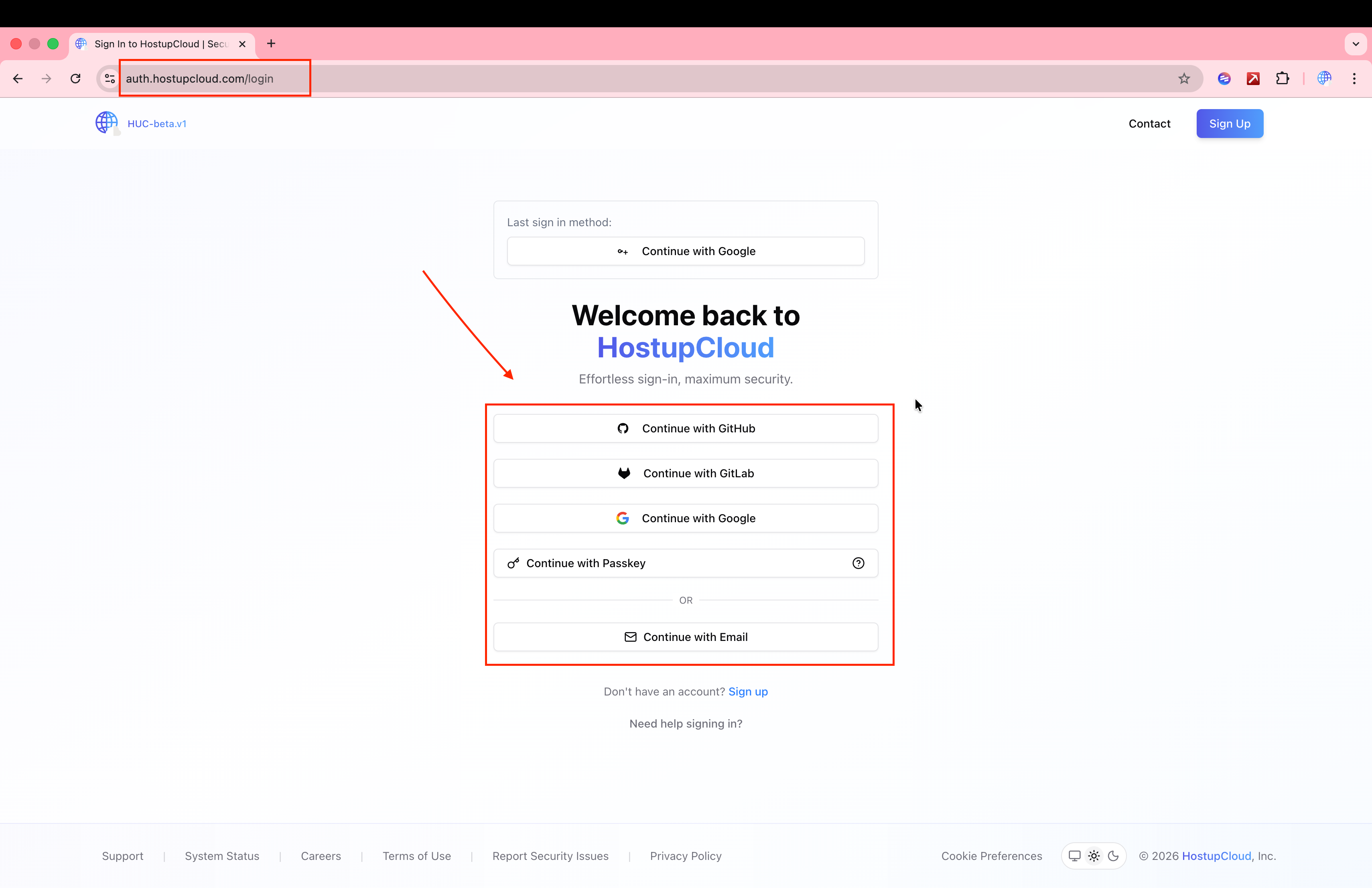 HUC Auth login page