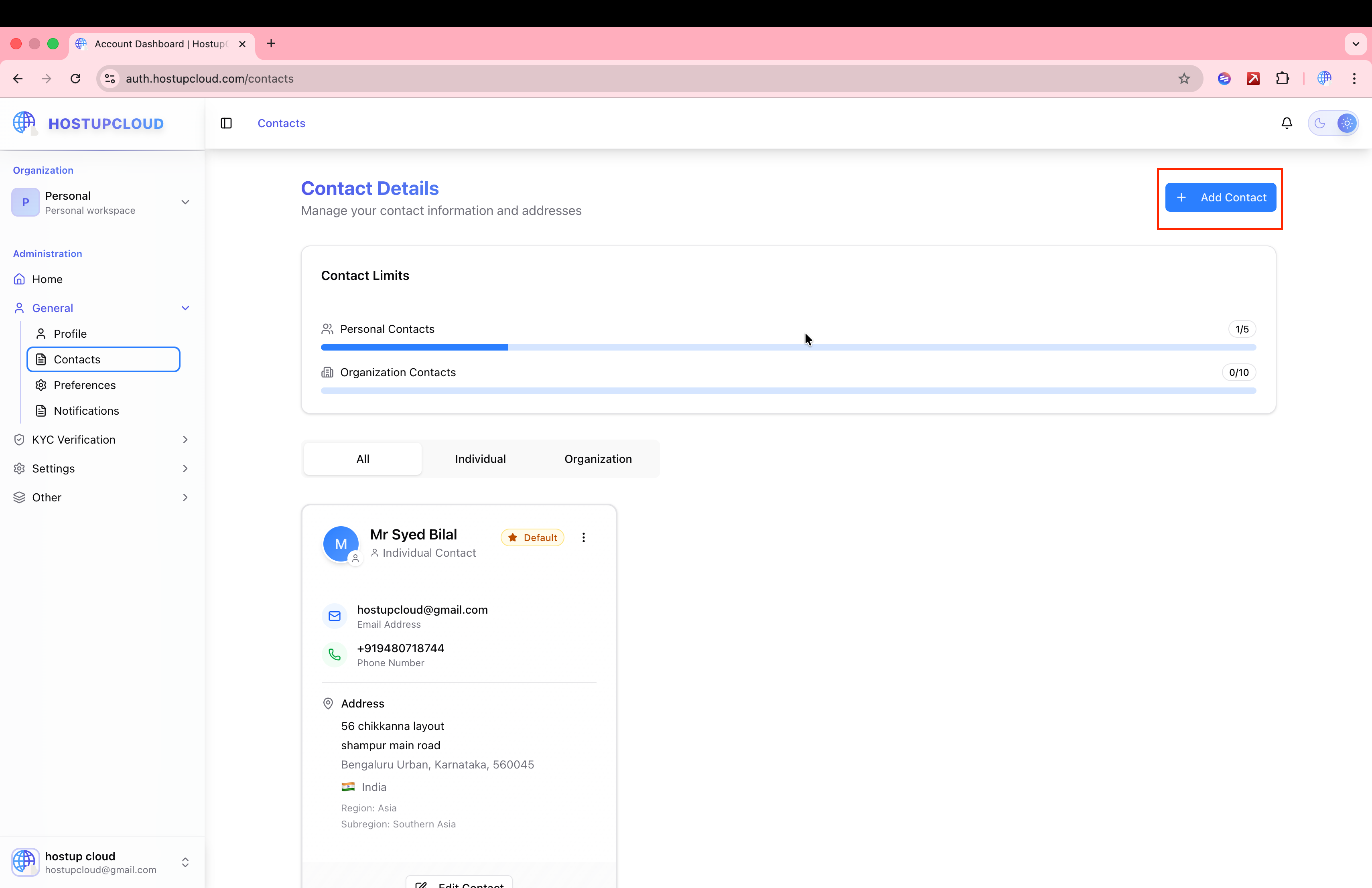 Contact Details page showing an existing default contact