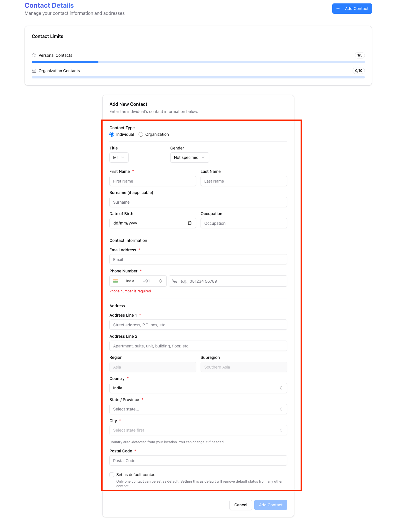 Add New Contact form with all fields