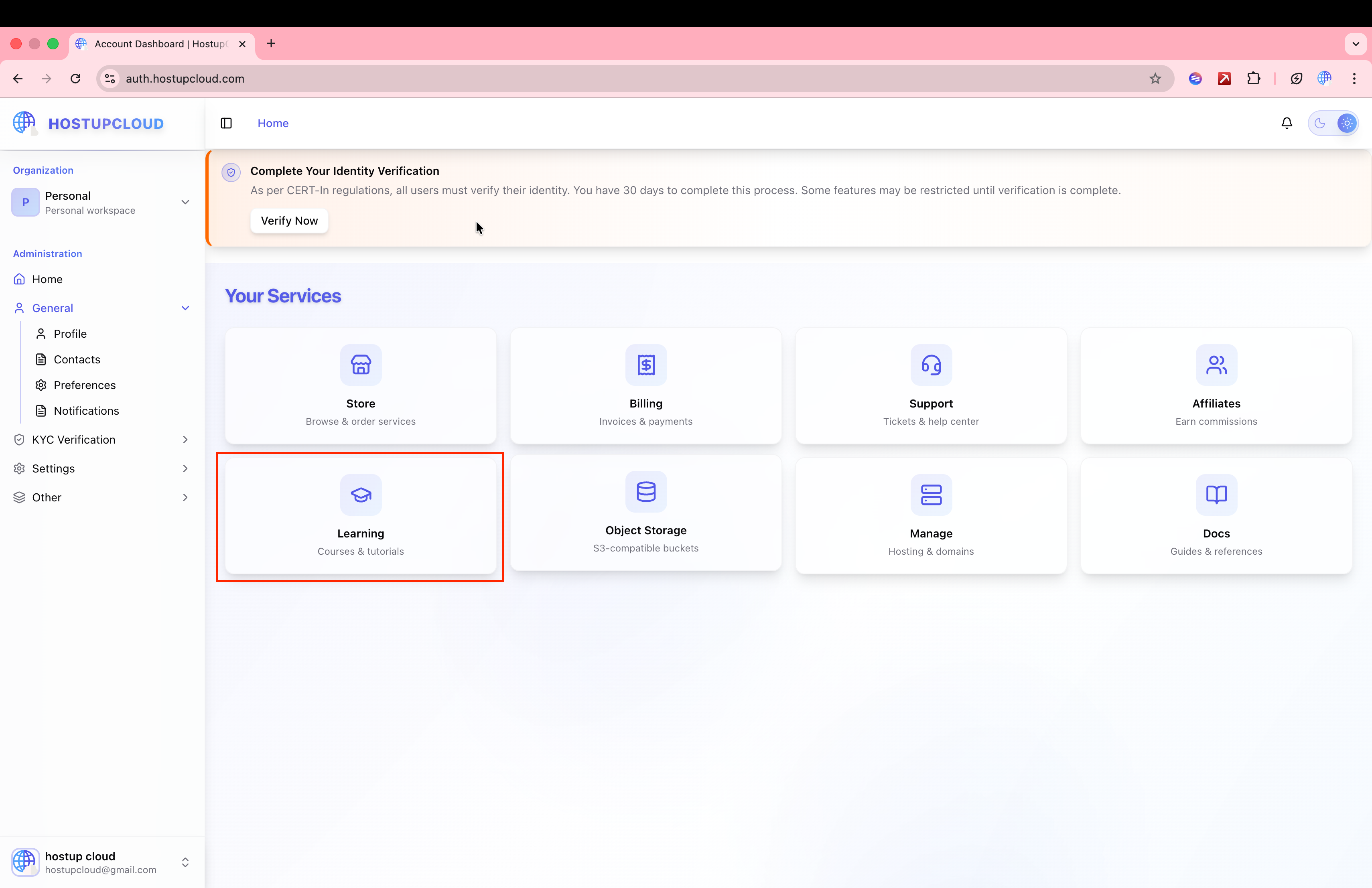HUC Account Dashboard with KYC banner and Learning tile