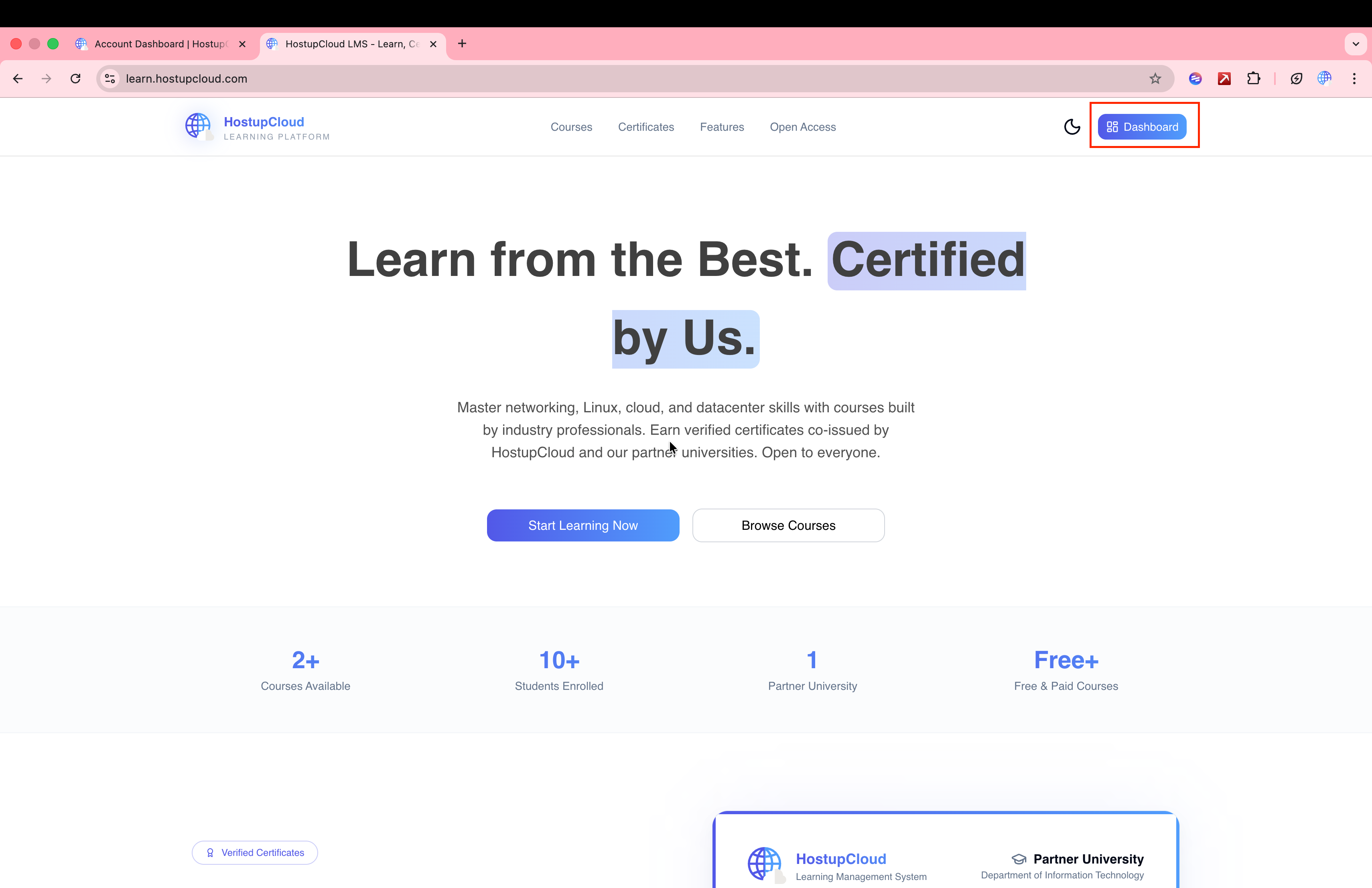 LMS landing page with Dashboard button