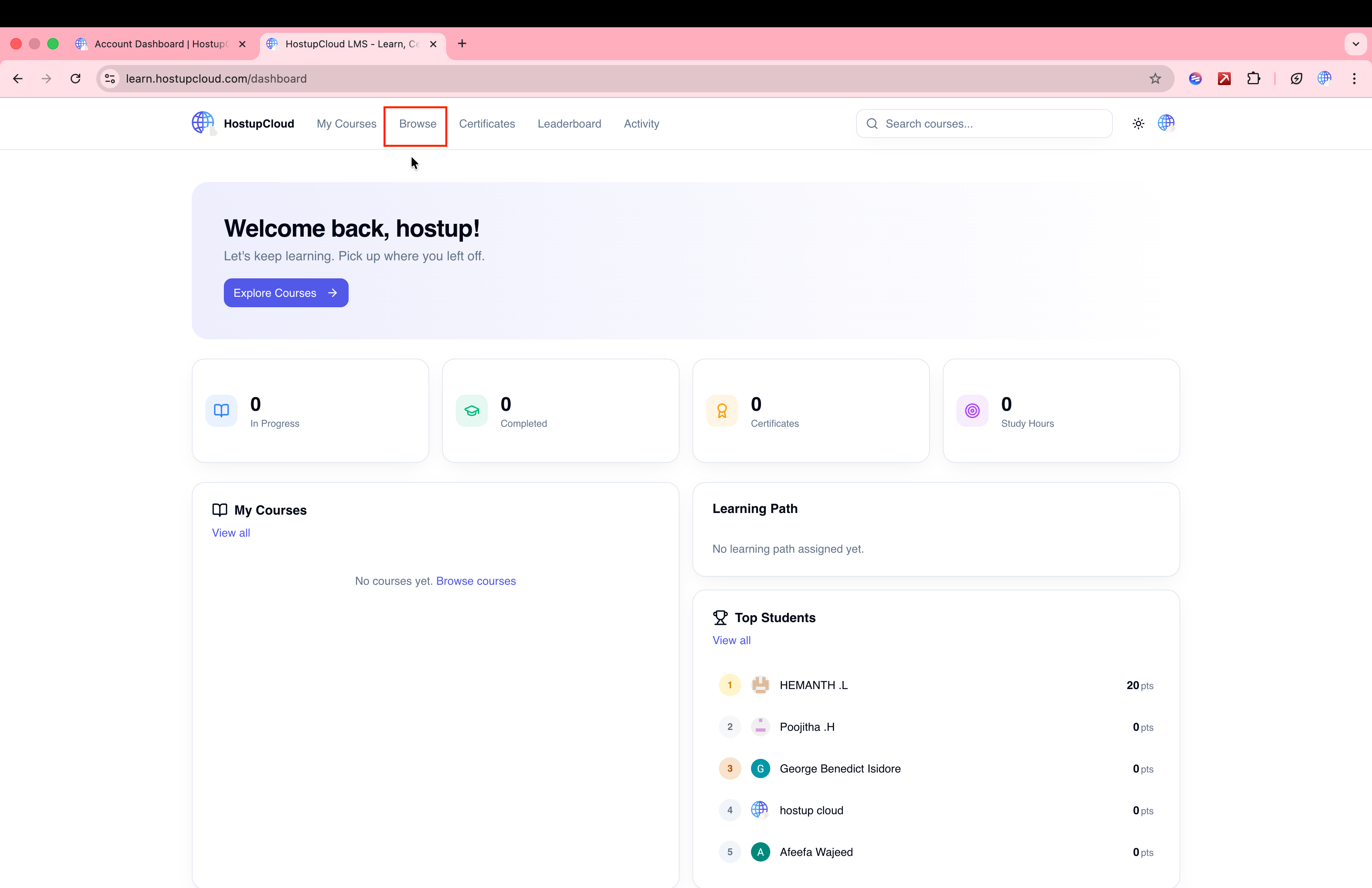 LMS student dashboard with Browse highlighted