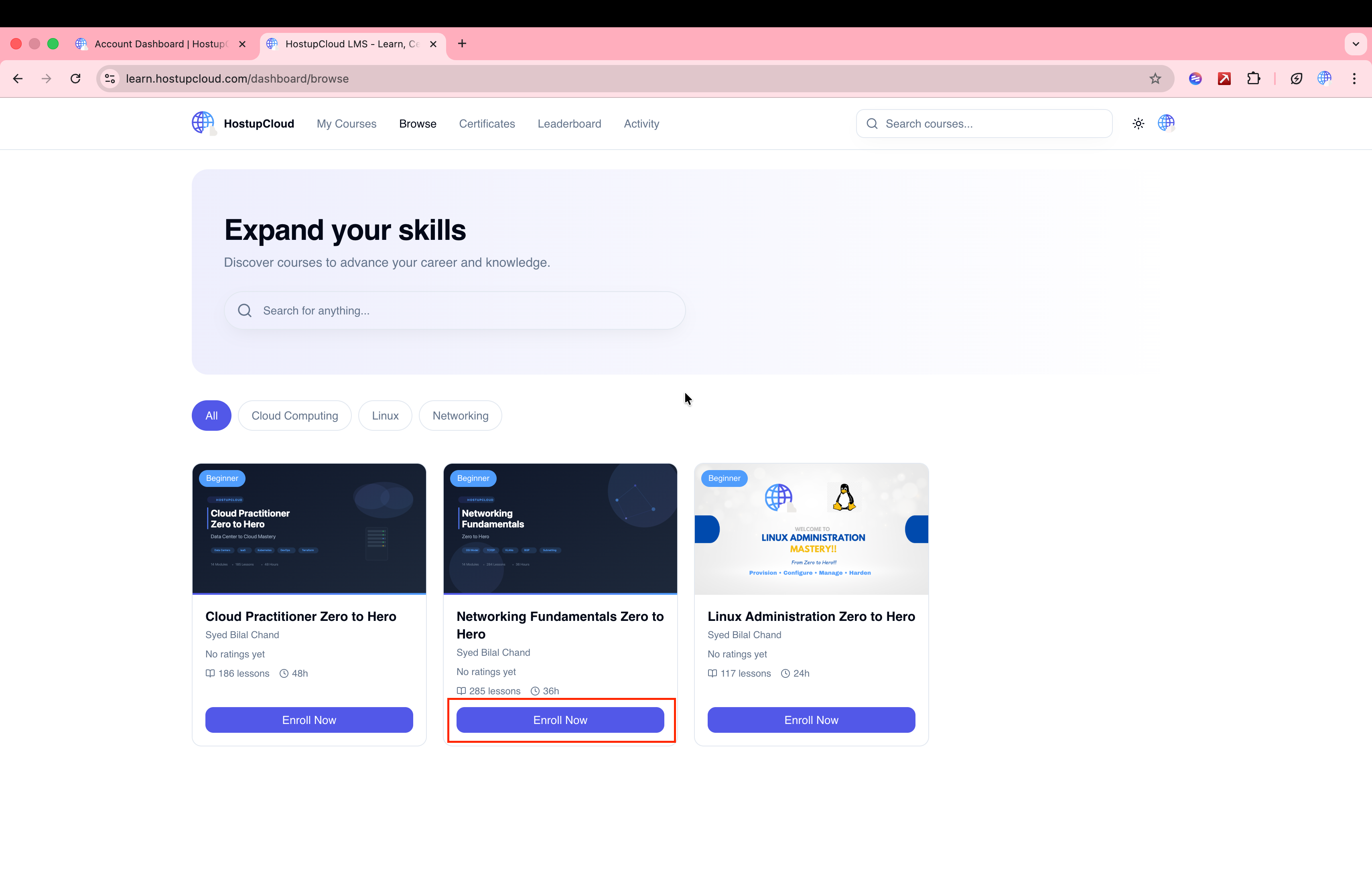 Browse Courses page showing course cards with Enroll Now buttons