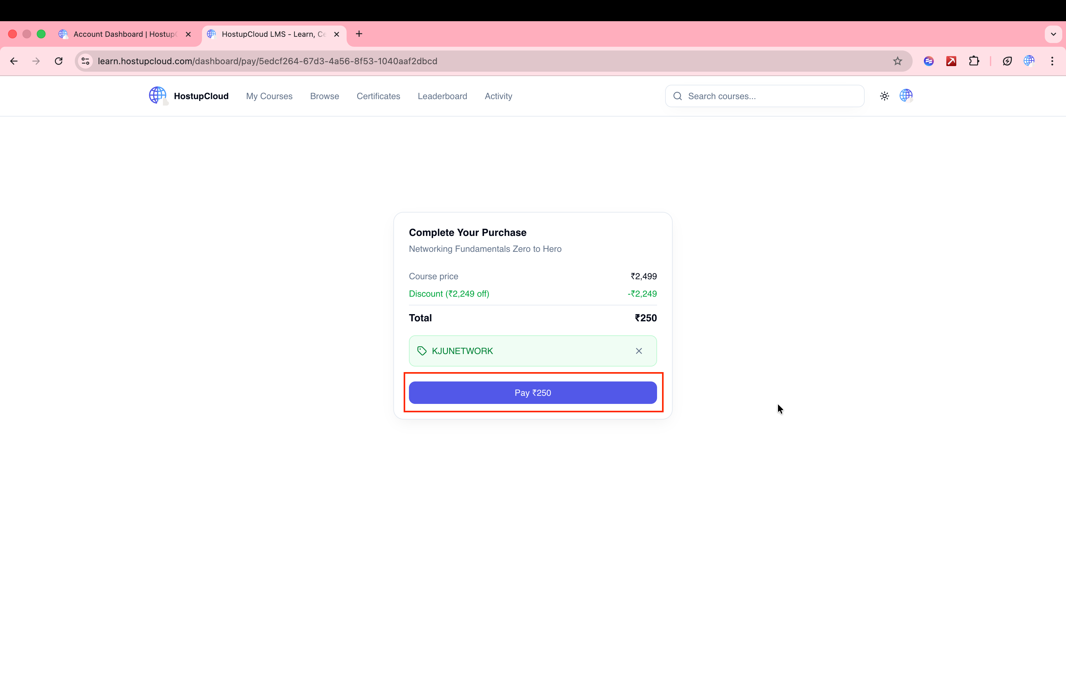 Complete Your Purchase screen with coupon applied