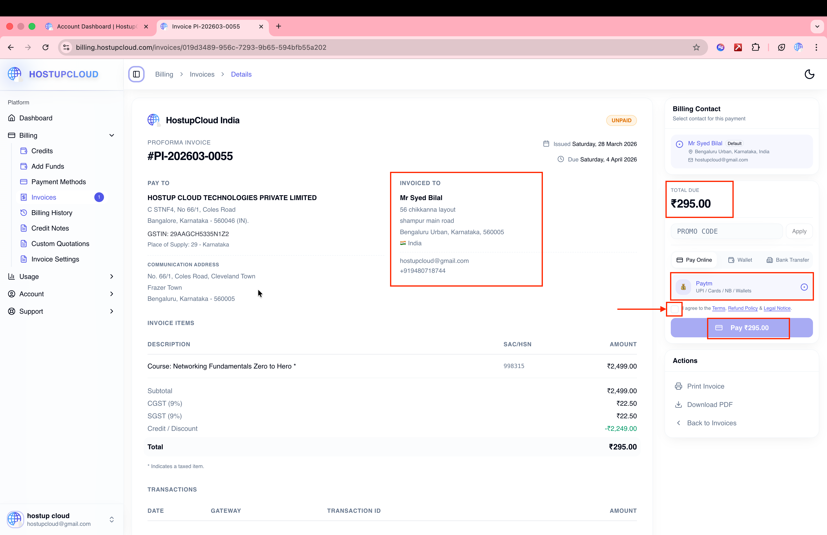 Billing invoice page with GST breakdown, billing contact, and payment options